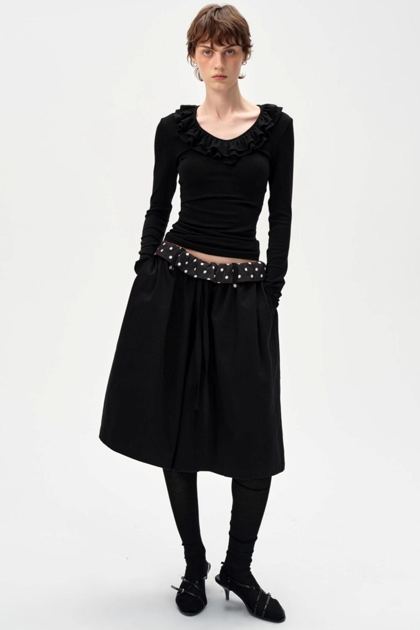 Drape Patchwork Polka Dot Waist Drawstring Skirt