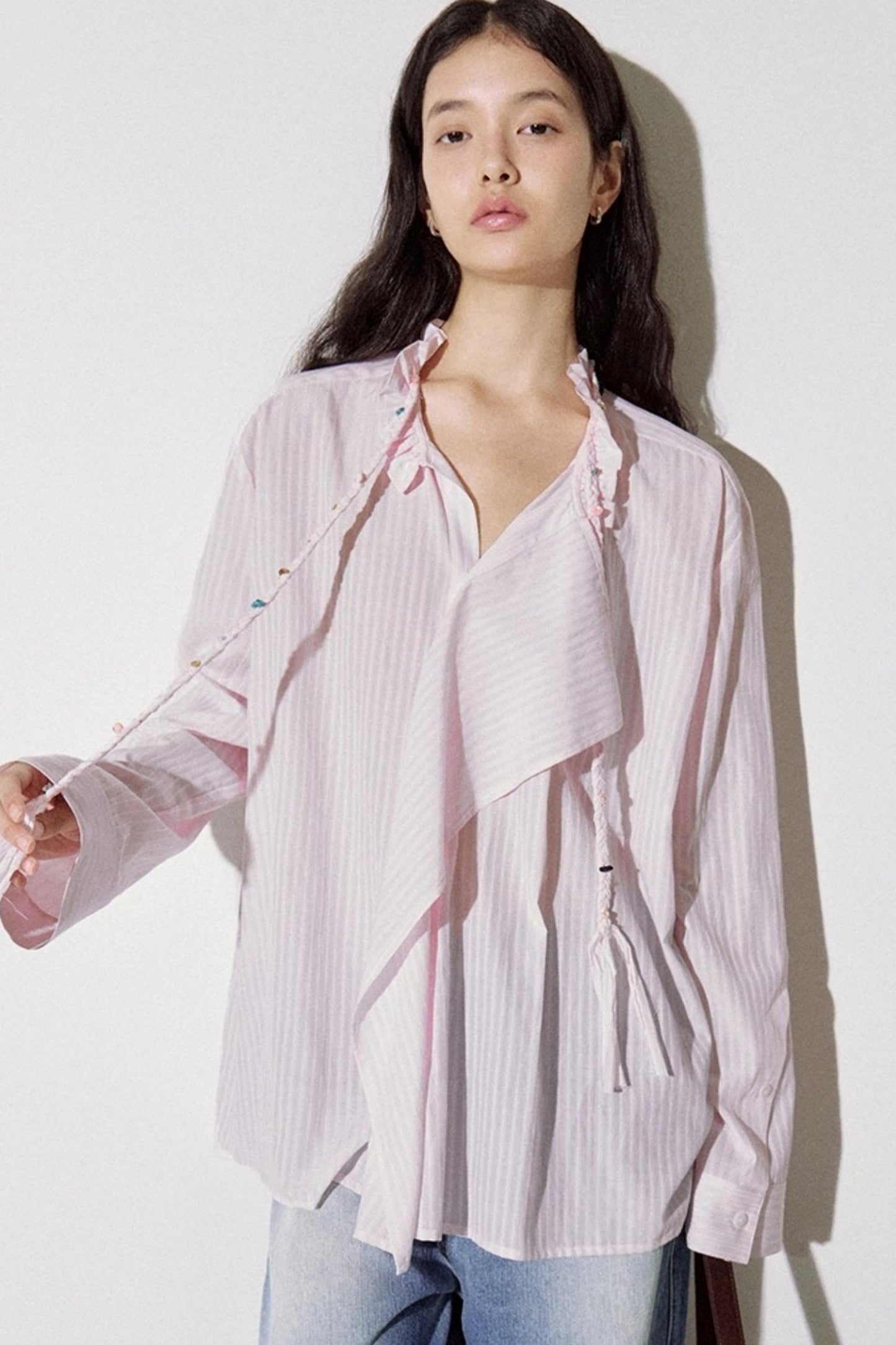 Asymmetrical Ruffle Striped Shirt