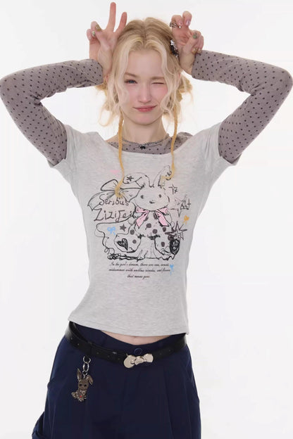 Gray Tone Rabbit Print Top