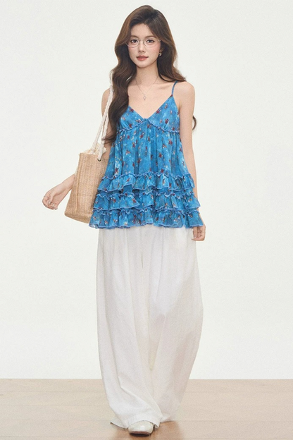 Floral Cotton Linen Camisole Set-Up