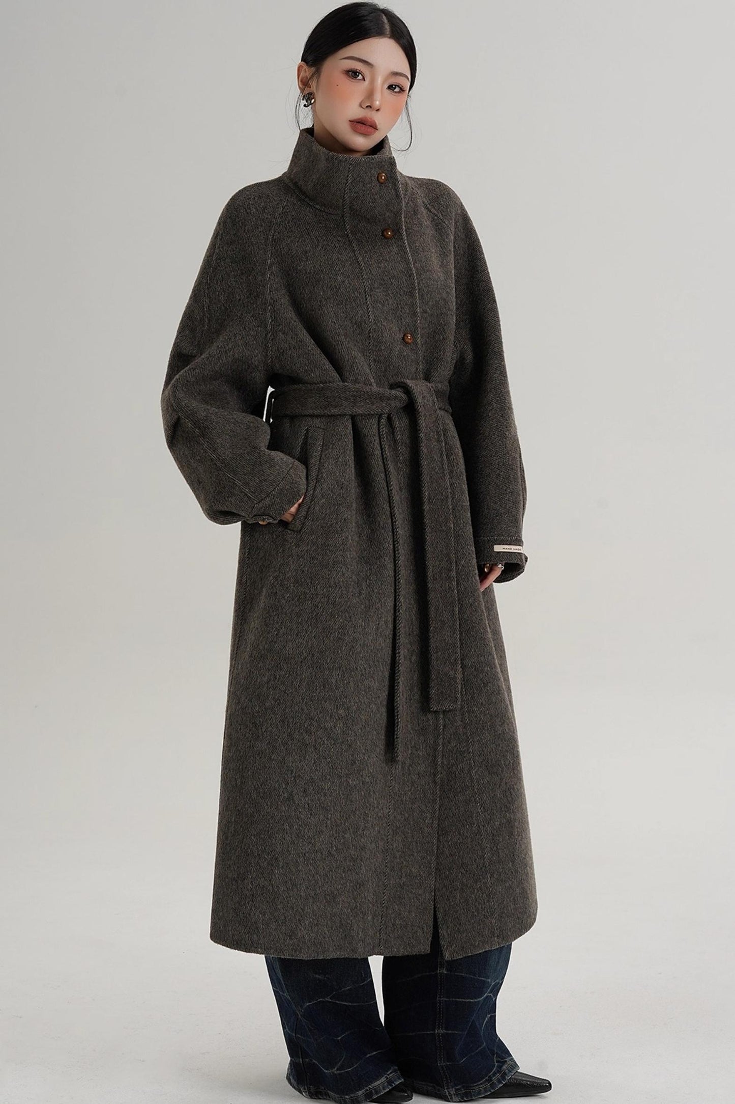 Elegant High-Neck Long Wool Coat