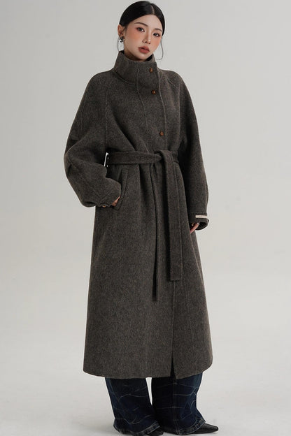 Elegant High-Neck Long Wool Coat