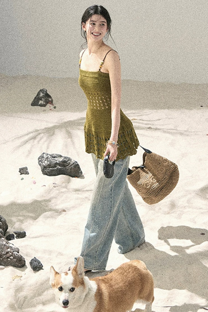 American-Style Rhinestone Wide-Leg Jeans