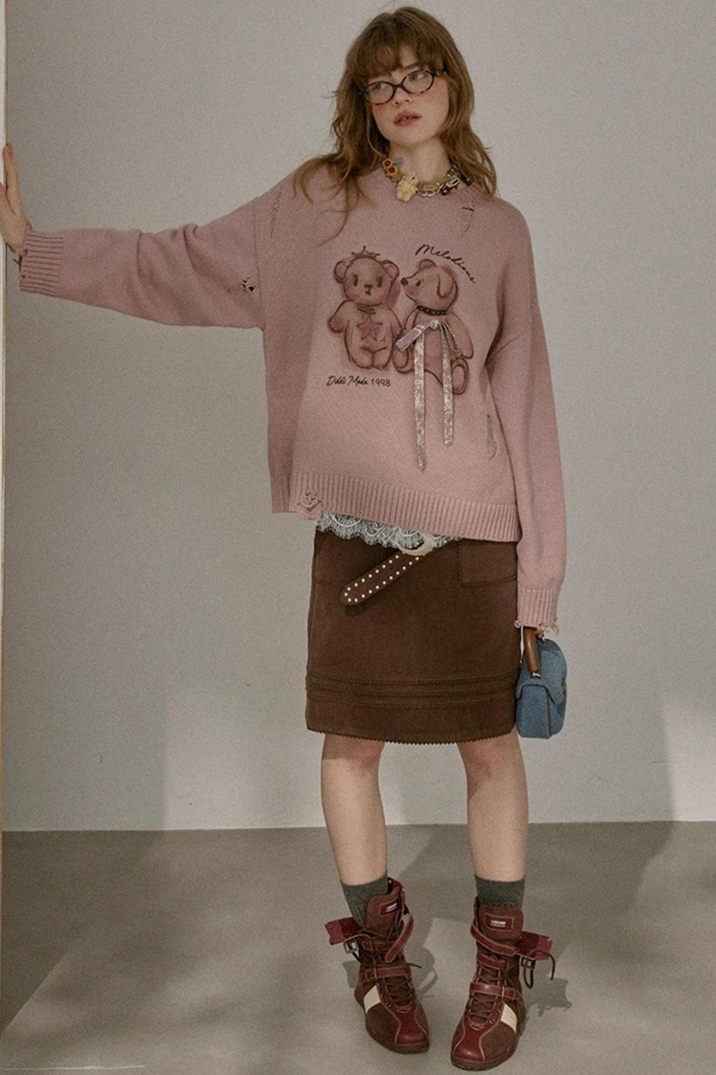 Layering Wave Lace Leather Skirt