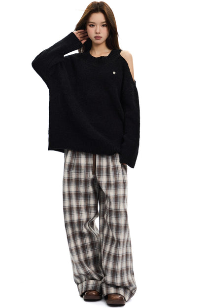 Brushed Plaid Elasticated Waist Pants