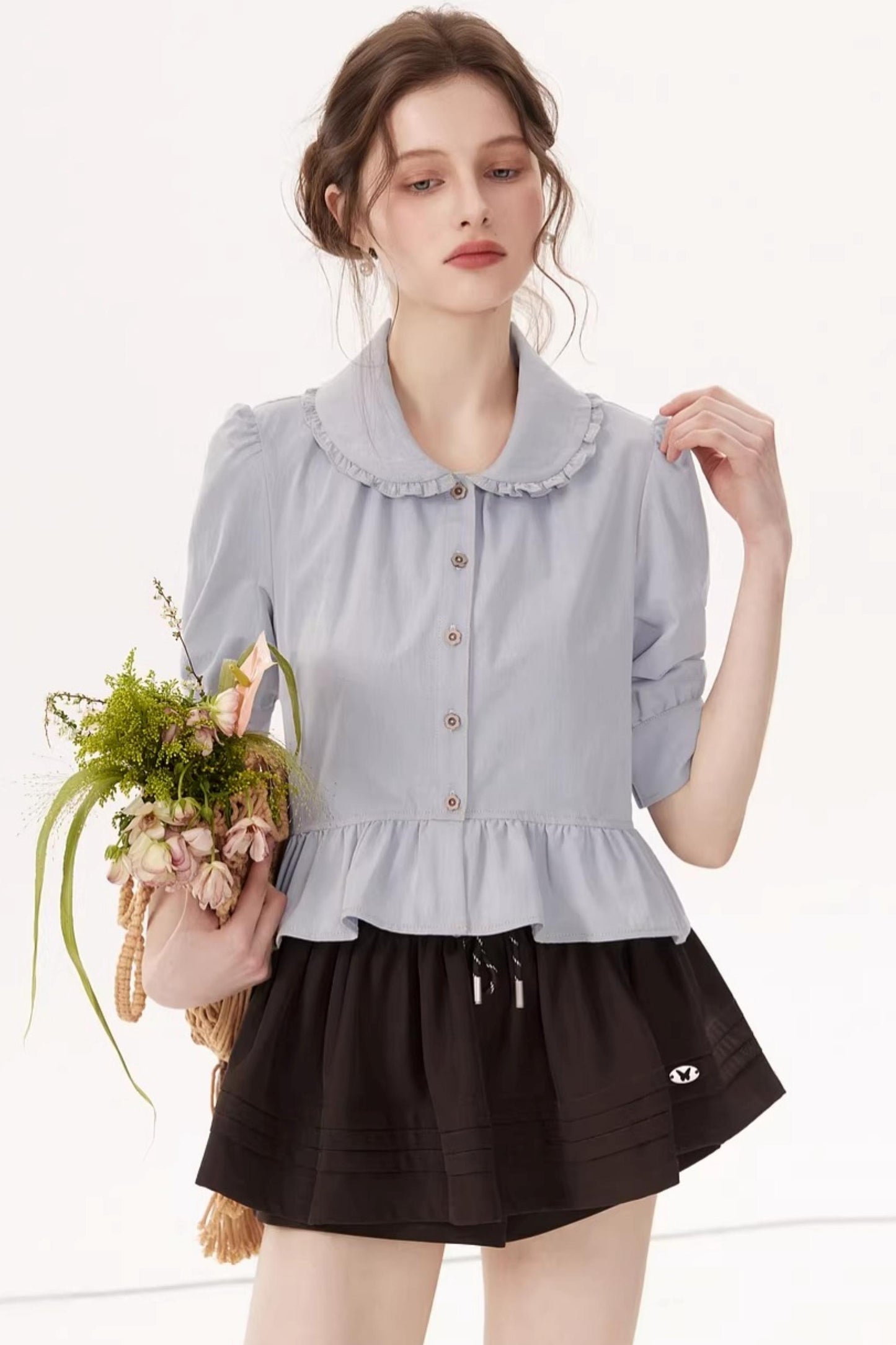 French Blue Ruffle Top