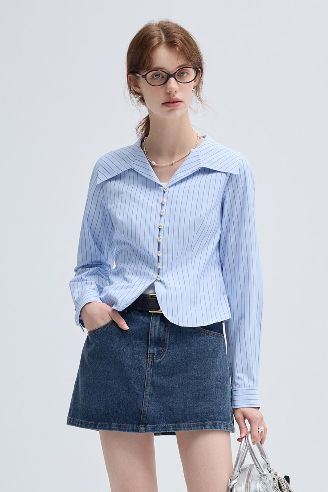 Spring Fall Blue Stripe Waist Shirt