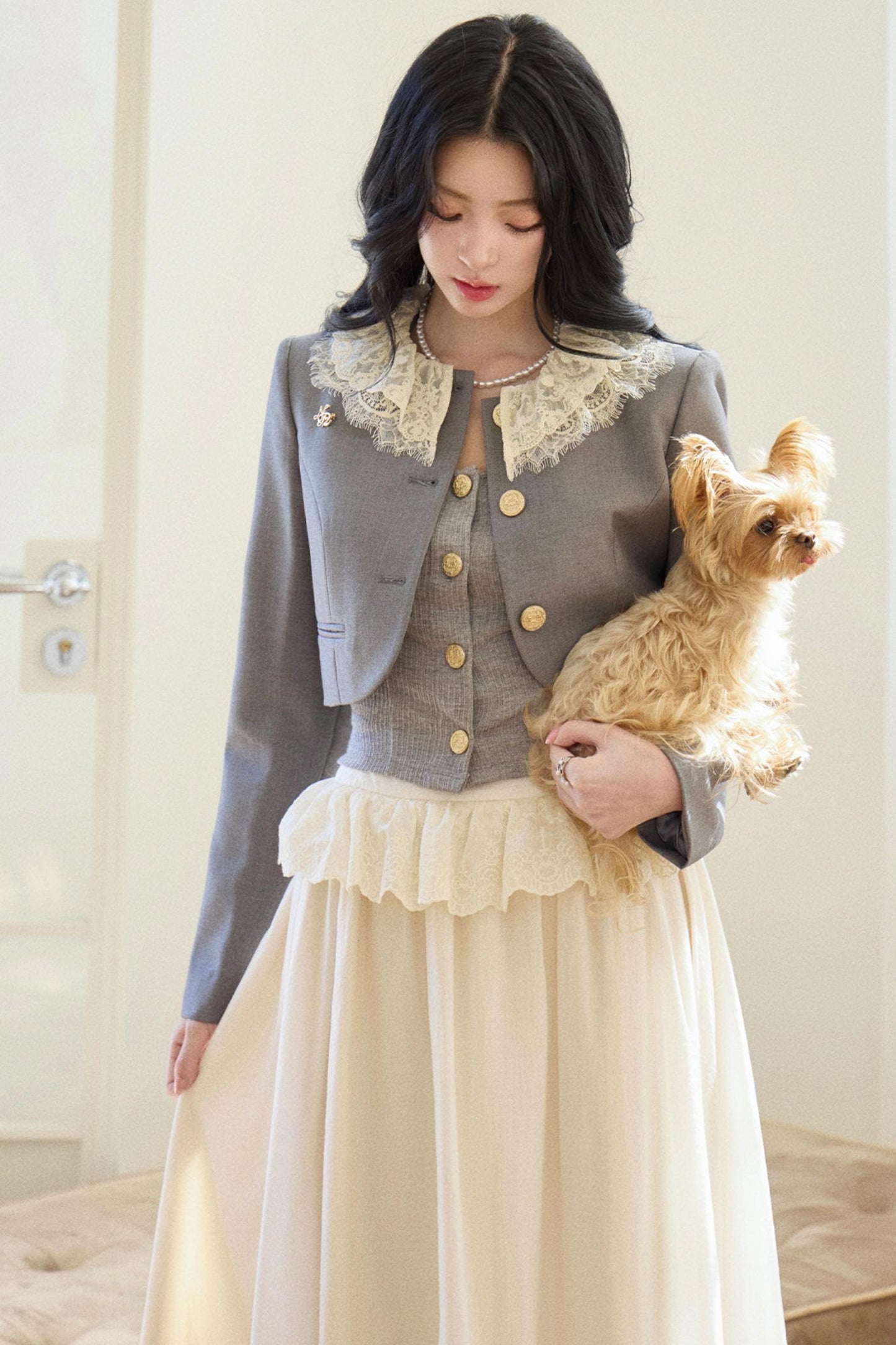 Lace Collar Gray Suit Set-Up