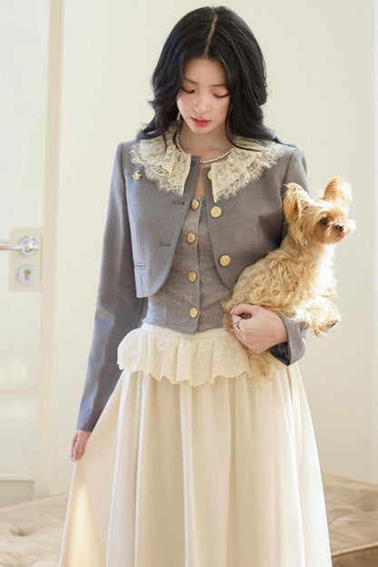 Lace Collar Gray Suit Set-Up