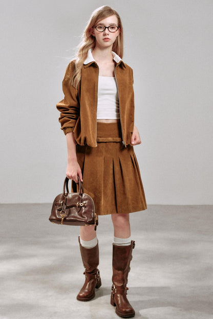 Suede Irregular Pleated Skirt