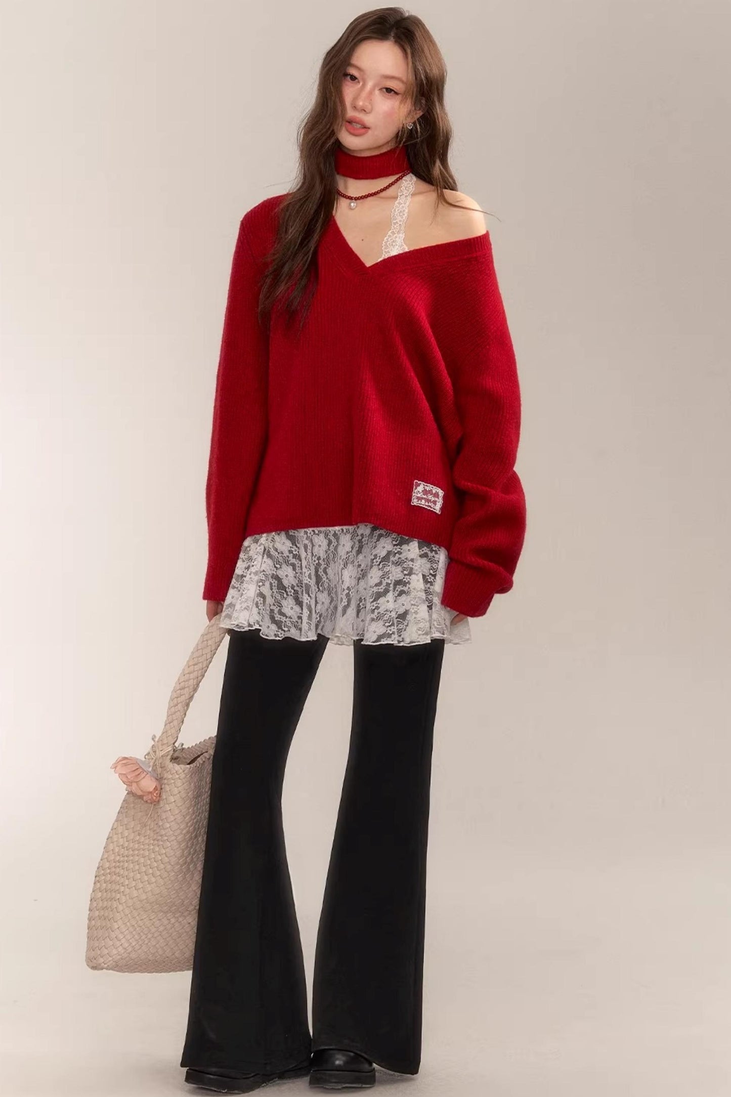 Asgony Red Retro Knit Sweater