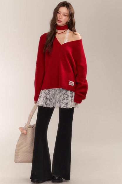 Asgony Red Retro Knit Sweater