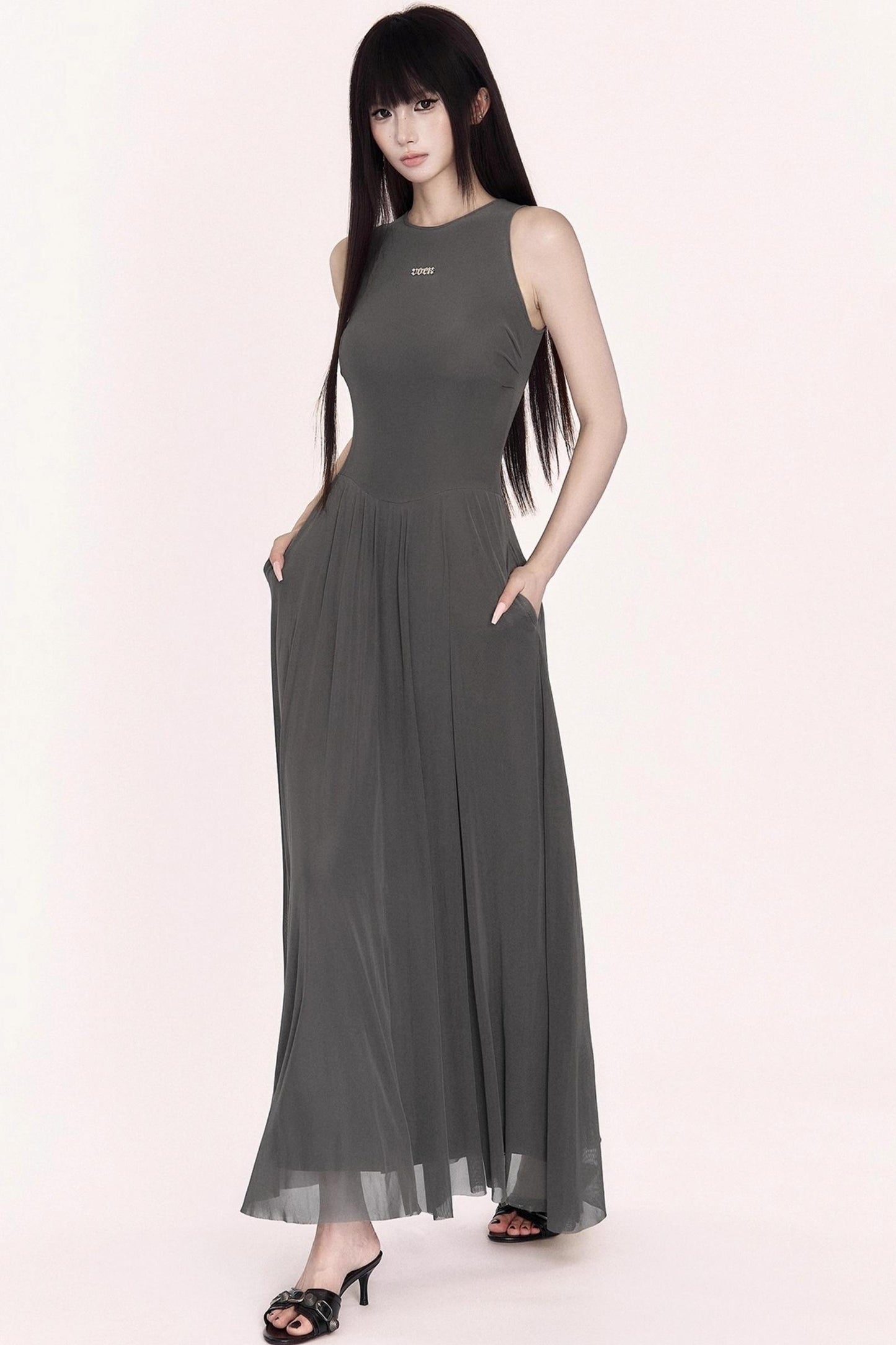 Relaxed French Mesh A-Line Long Dress