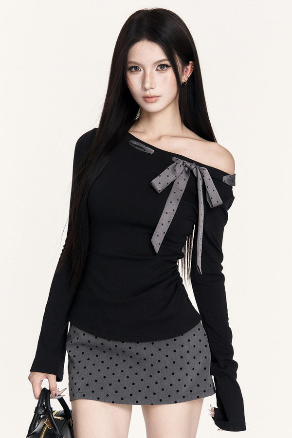 French Retro Polka Dot Lace-Up Long-Sleeved T-Shirt