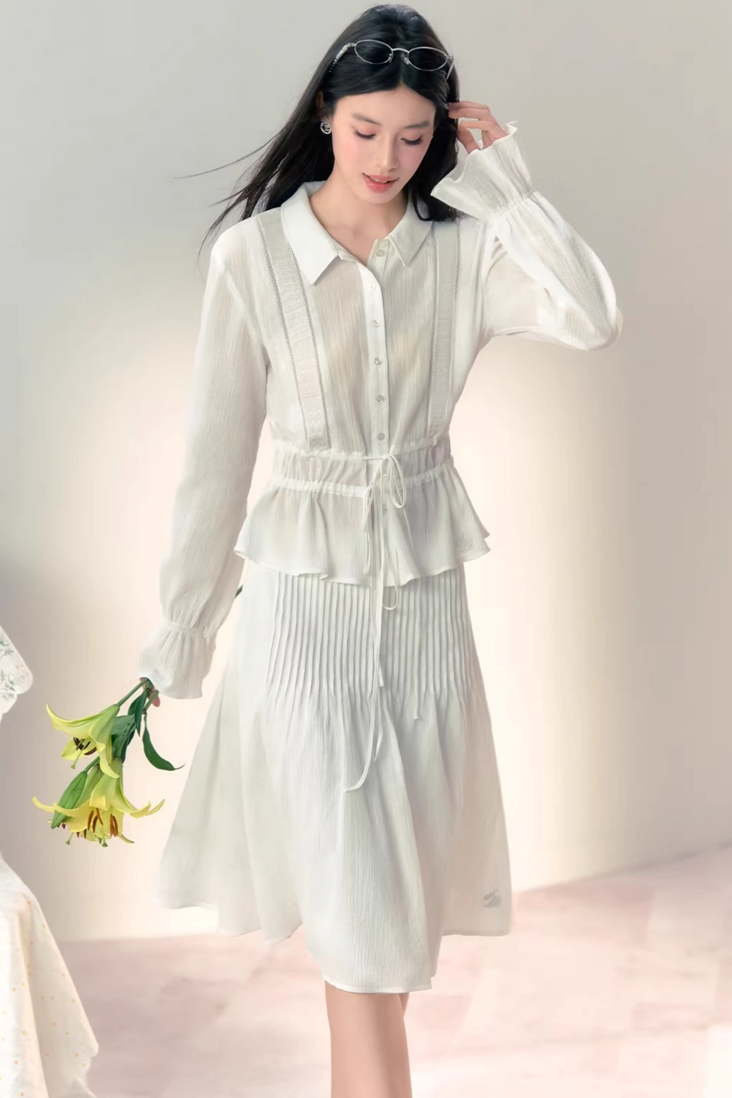 Completo Blusa in Cotone Pieghettato a Mano