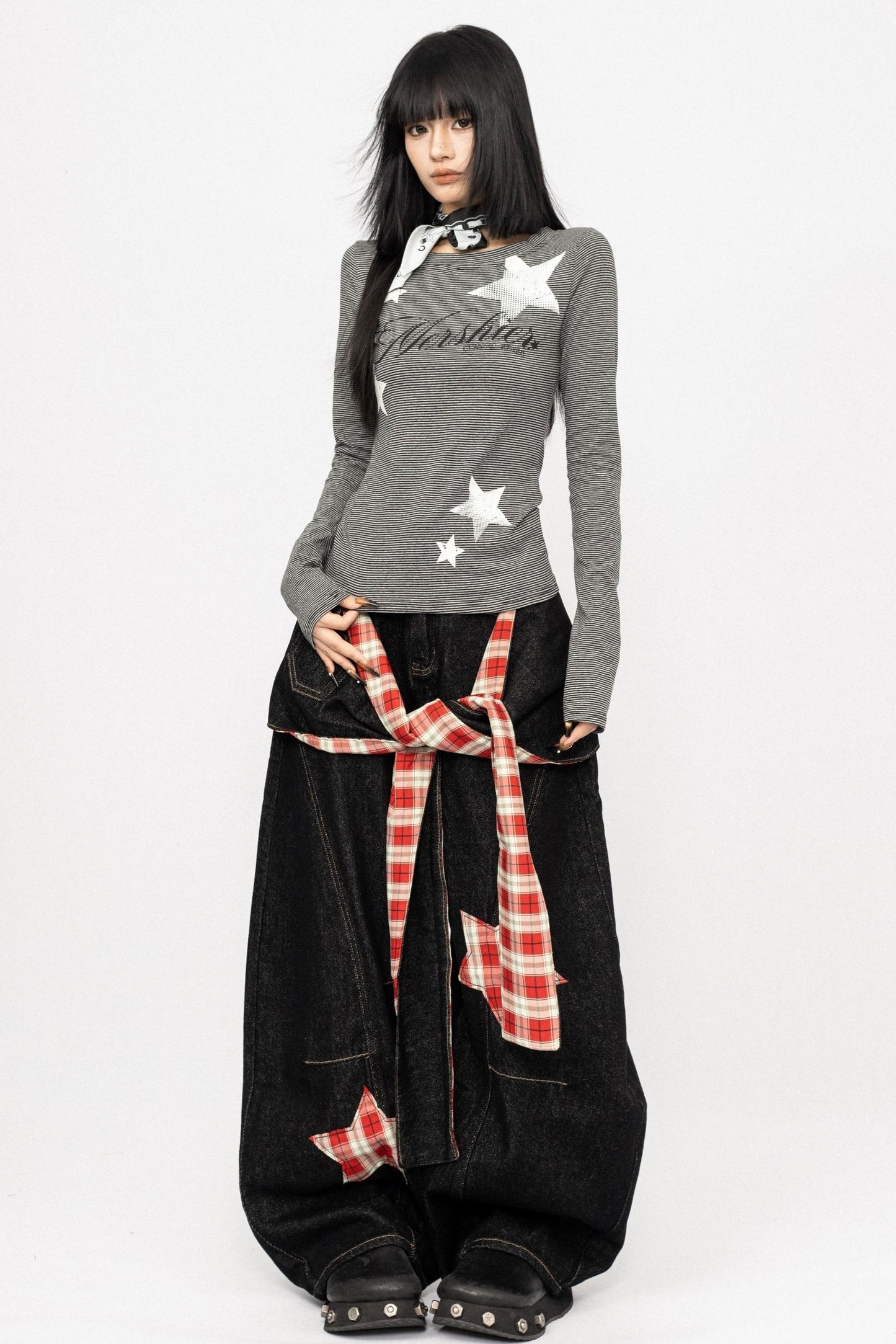 Vintage Spice Girl Plaid Stitched Wide-leg Pants