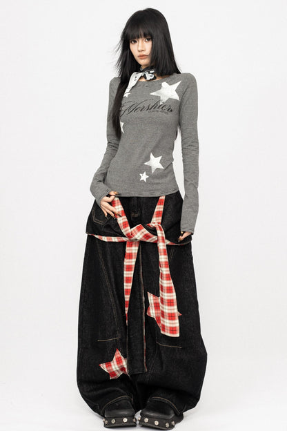 Vintage Spice Girl Plaid Stitched Wide-leg Pants