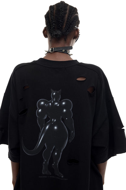 Cat Print Waist Black T-Shirt