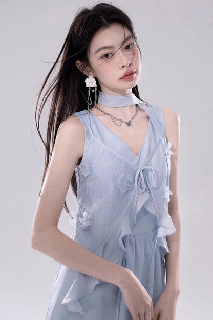 Romantic Blue Flower Cardigan Skirt Set