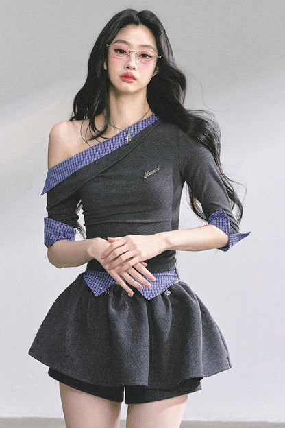 Gray Tone Slanted Shoulder Plaid T-shirt