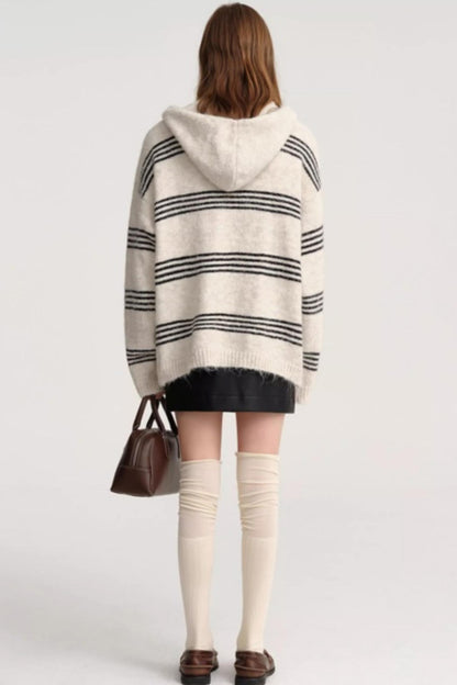 Striped Wool Hooded Knit Cardigan