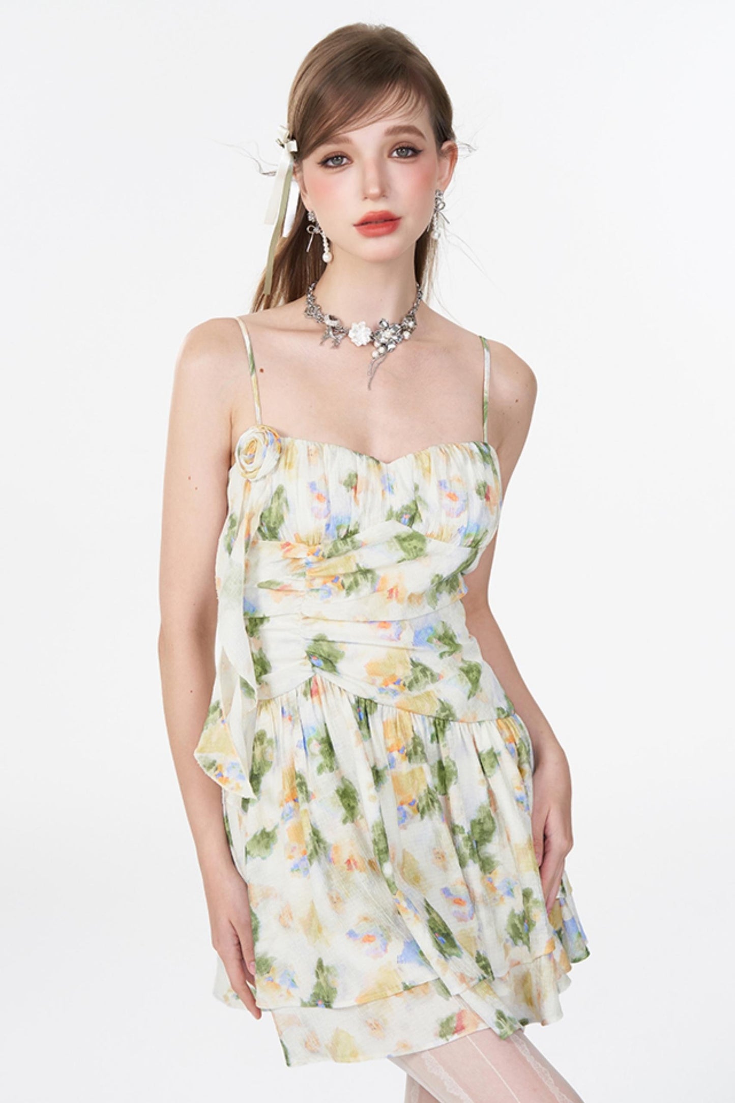 Floral Elegance Shrink-Waist Cami Dress