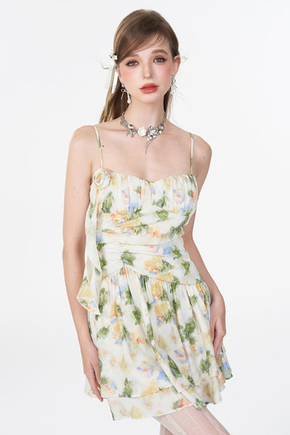 Floral Elegance Shrink-Waist Cami Dress