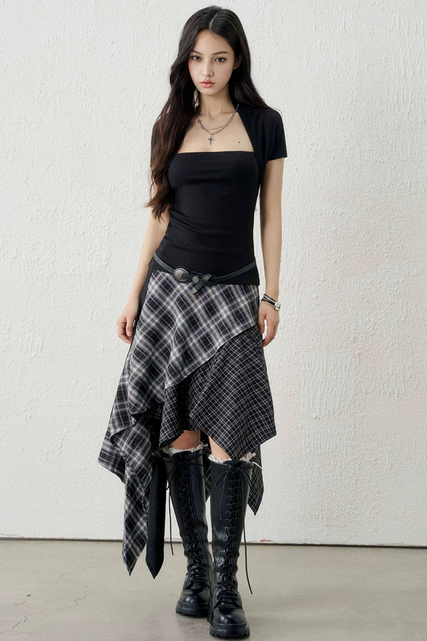 Irregular Hem Plaid Skirt Set