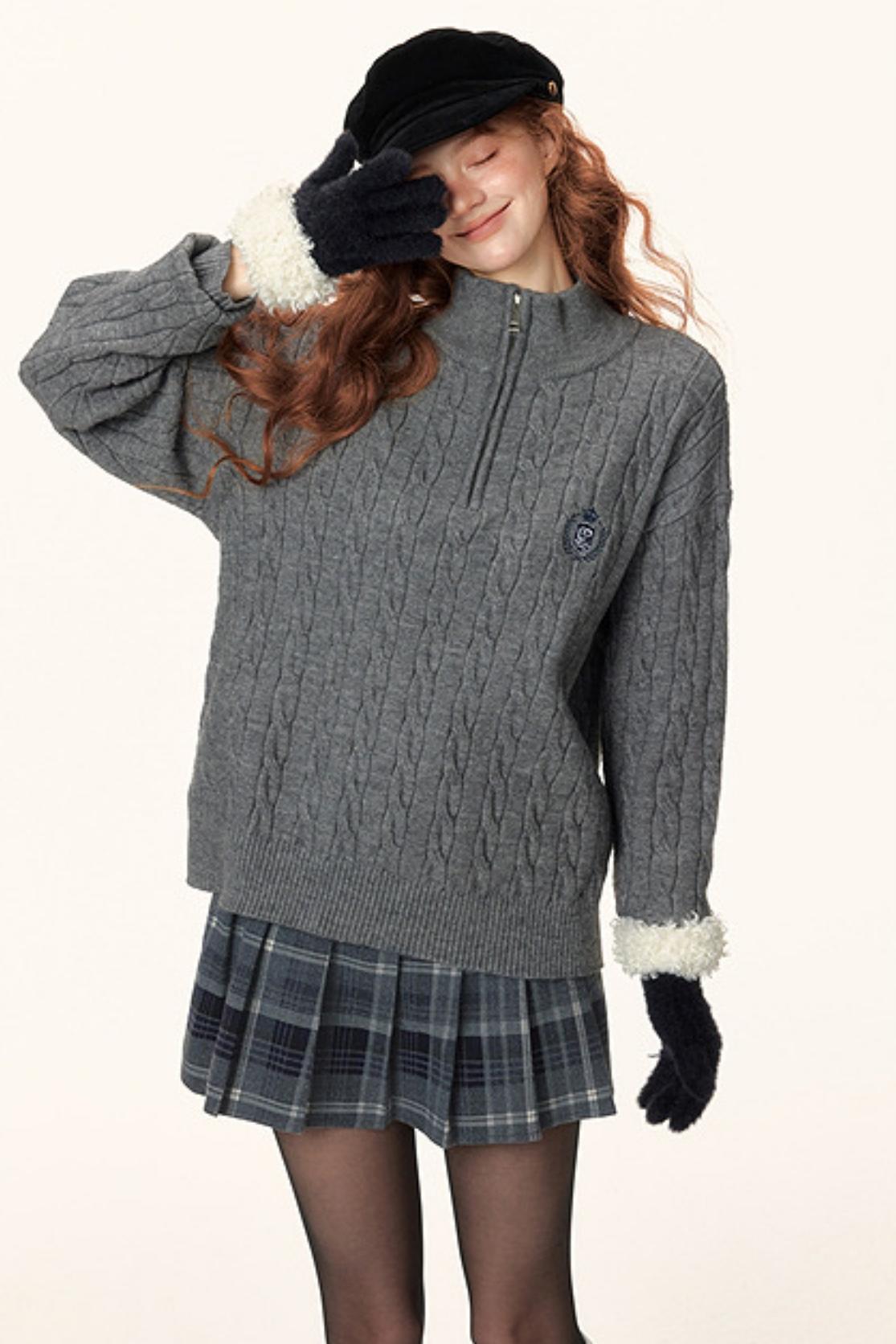 French Cable Knit Polo Sweater Top