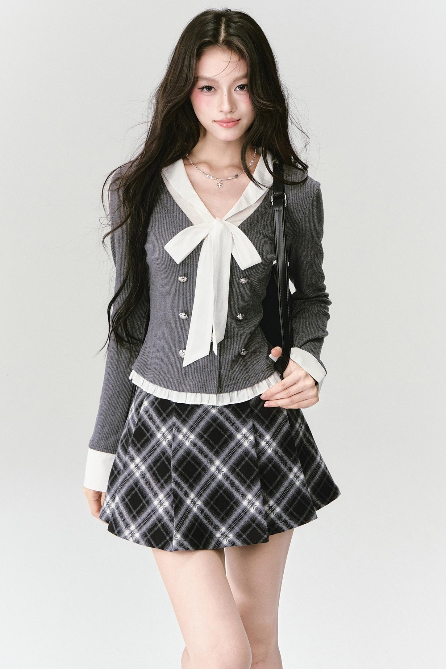 Bow Knit Fake Two-Piece College Top Set-Up