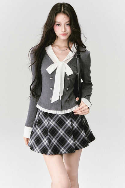 Bow Knit Fake Two-Piece College Top Set-Up