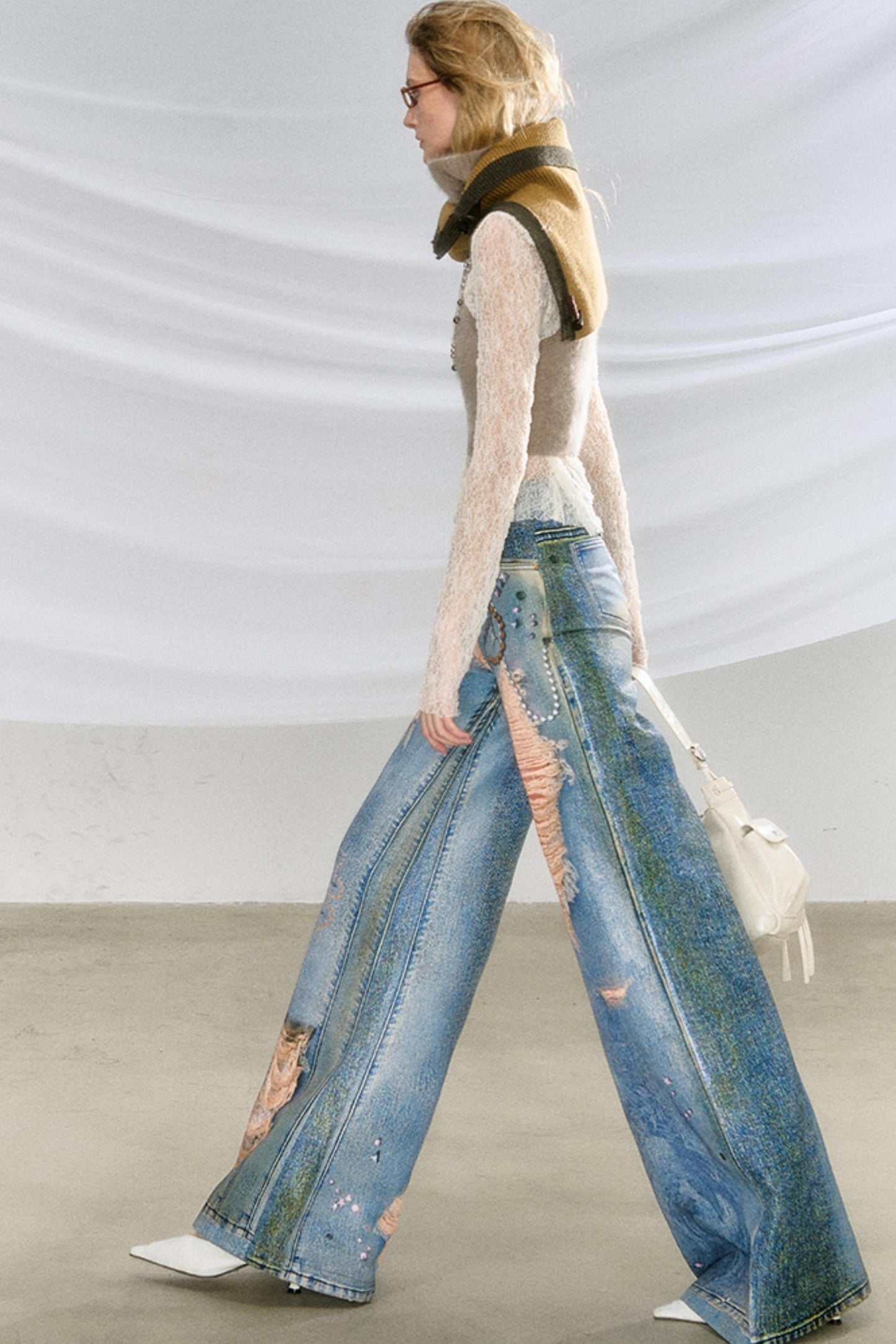 Ripped Faux-Denim Flared Pants