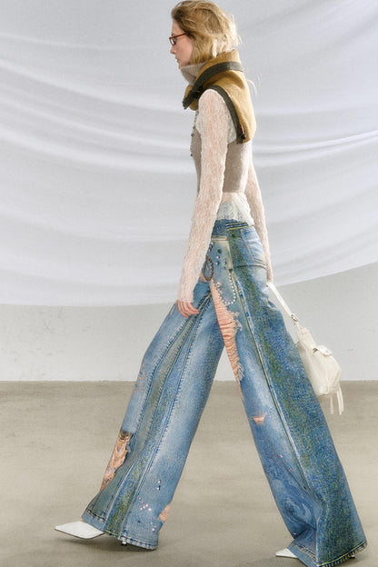 Ripped Faux-Denim Flared Pants