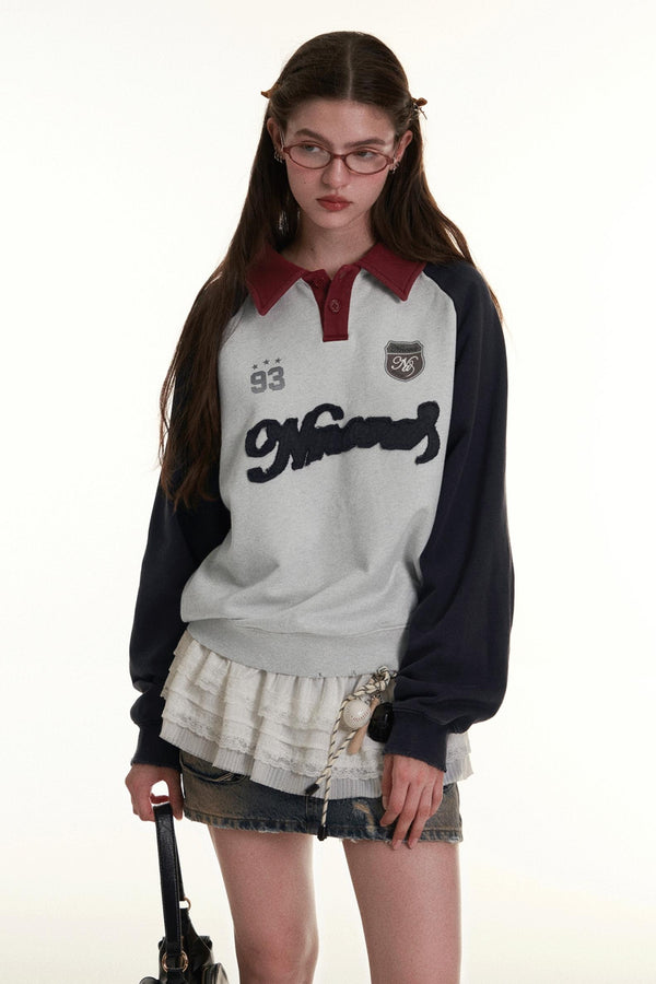 Retro Polo-Hals Farbblock Sweatshirt 