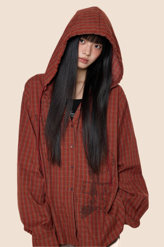 Light, loose Jacket with Hooded and Plaid Pattern