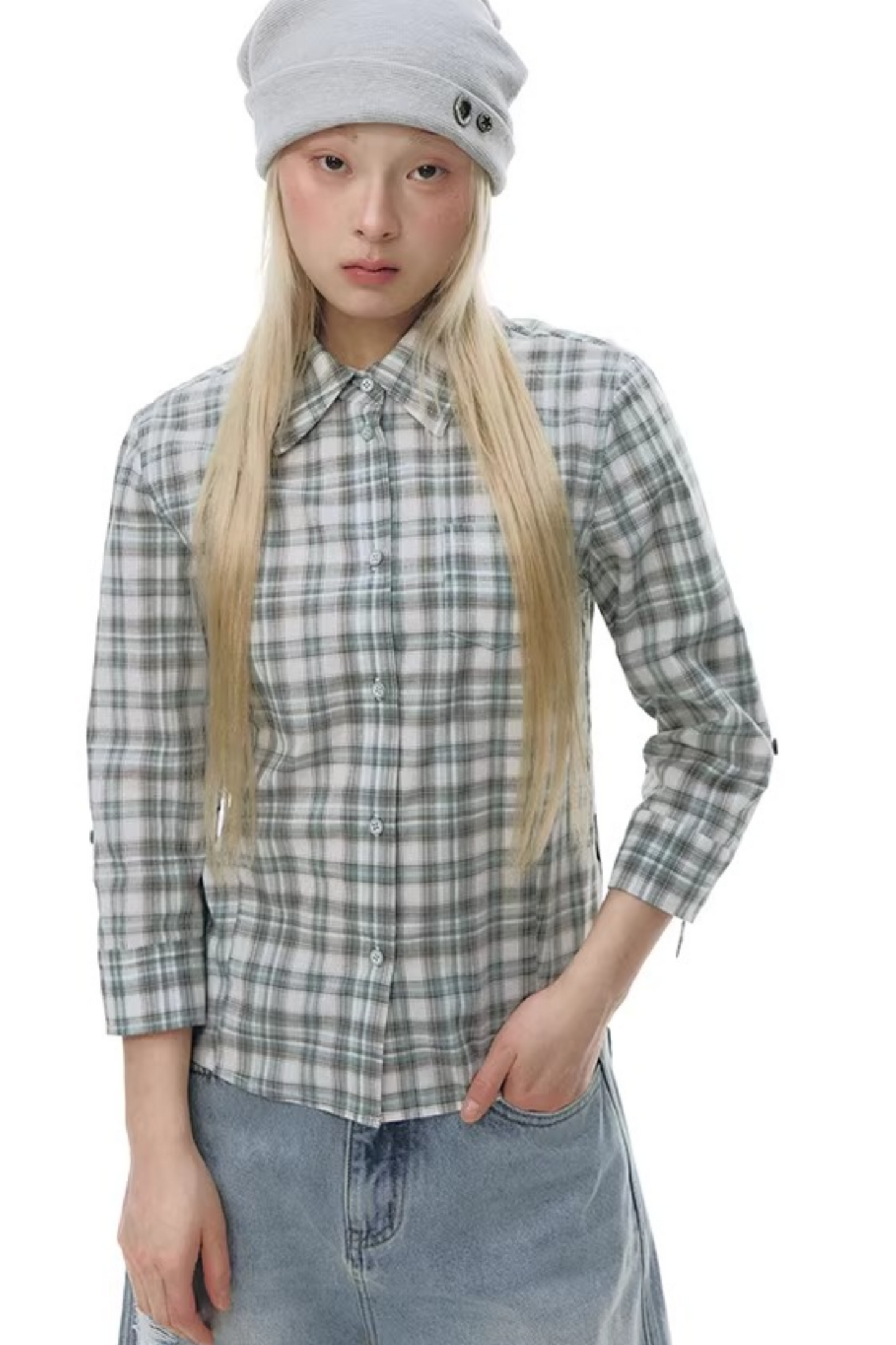 Plaid Cotton Waist-Cinching Blouse