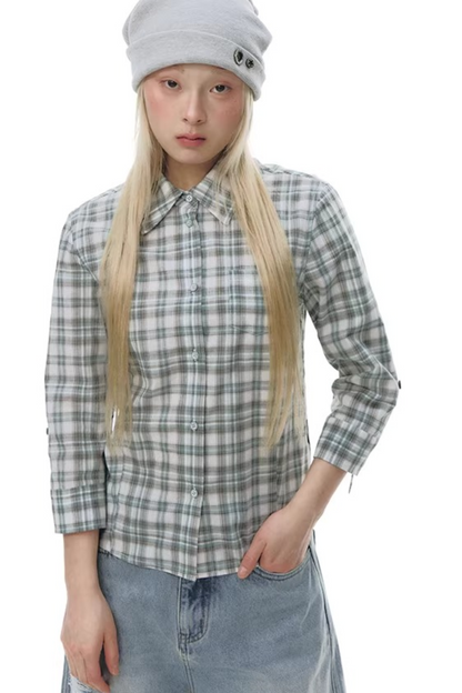 Plaid Cotton Waist-Cinching Blouse