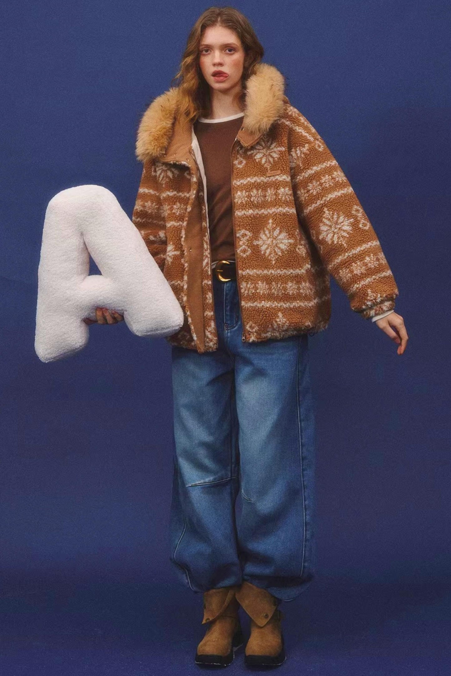 Fair Isle Fur Collar Jacket