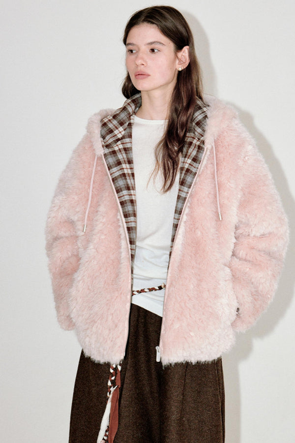 Pink Plaid Patchwork Hooded Coat