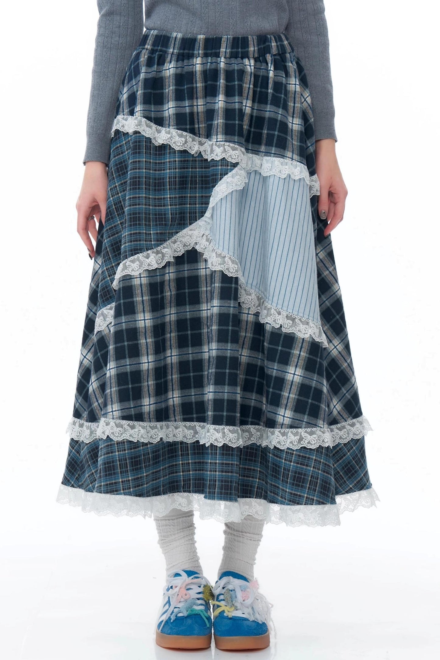 Niche Design Plaid Lace Patchwork Skirt