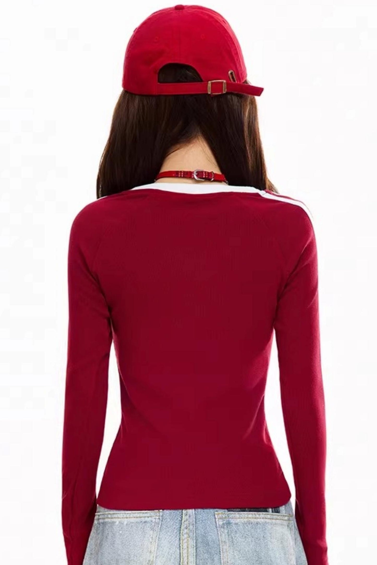 레트로 레드 V넥 탑