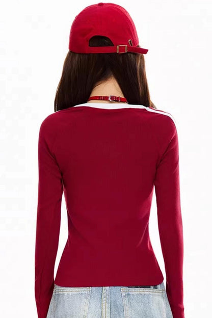 레트로 레드 V넥 탑