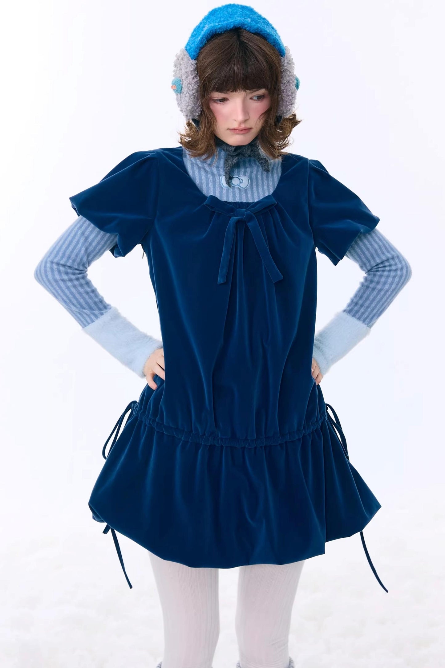 Deep Blue Velvet Bow Dress