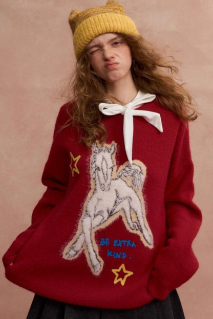 Jacquard Pony Crew Neck Sweater