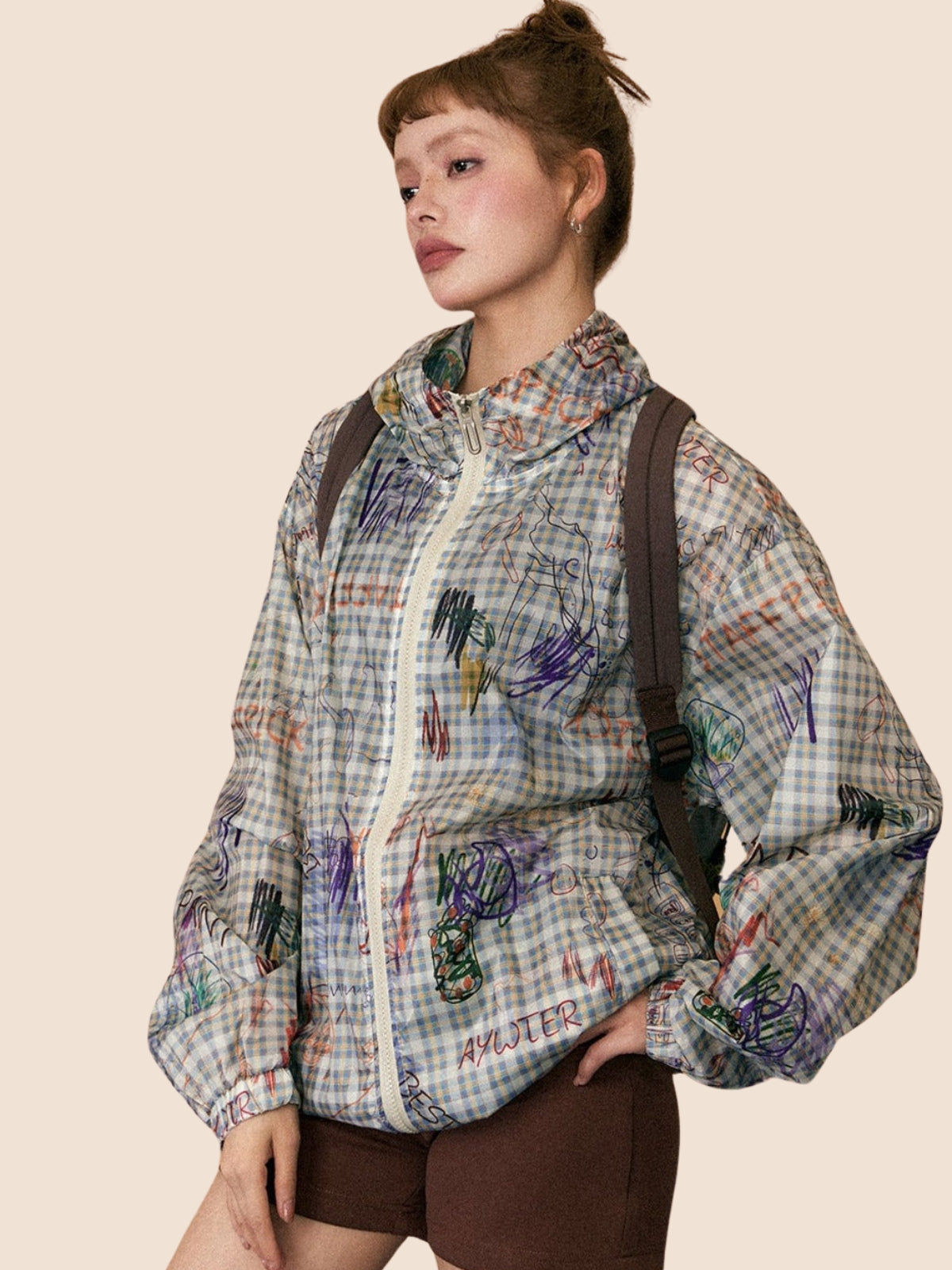 Graffiti Plaid Hooded Sunscreen Jacket