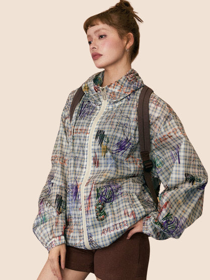 Graffiti Plaid Kapuzen-Sonnenschutzjacke