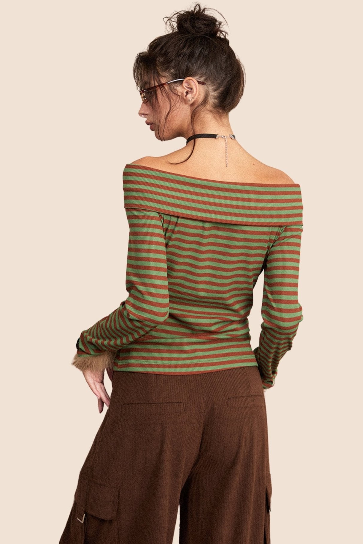 Retro Off-Shoulder Slim Long-Sleeve Top