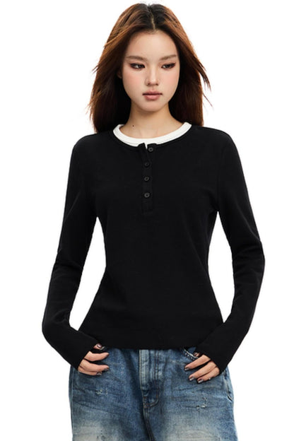 Simple Contrast Crew Neck Knit Top