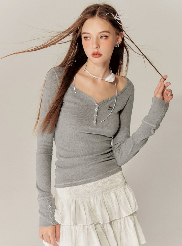 Heart Collar Long Sleeves Base T-Shirt