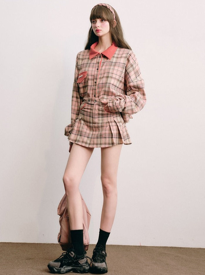 Plaid coat and skirt sets